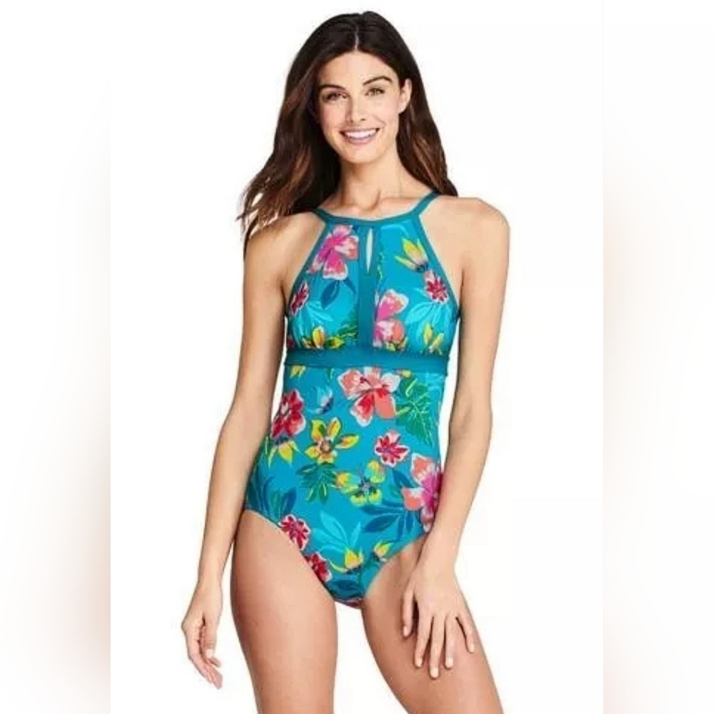 Lands End Keyhole Vivid Teal Tropical Floral Tummy Control Swimsuit Size 16 Long